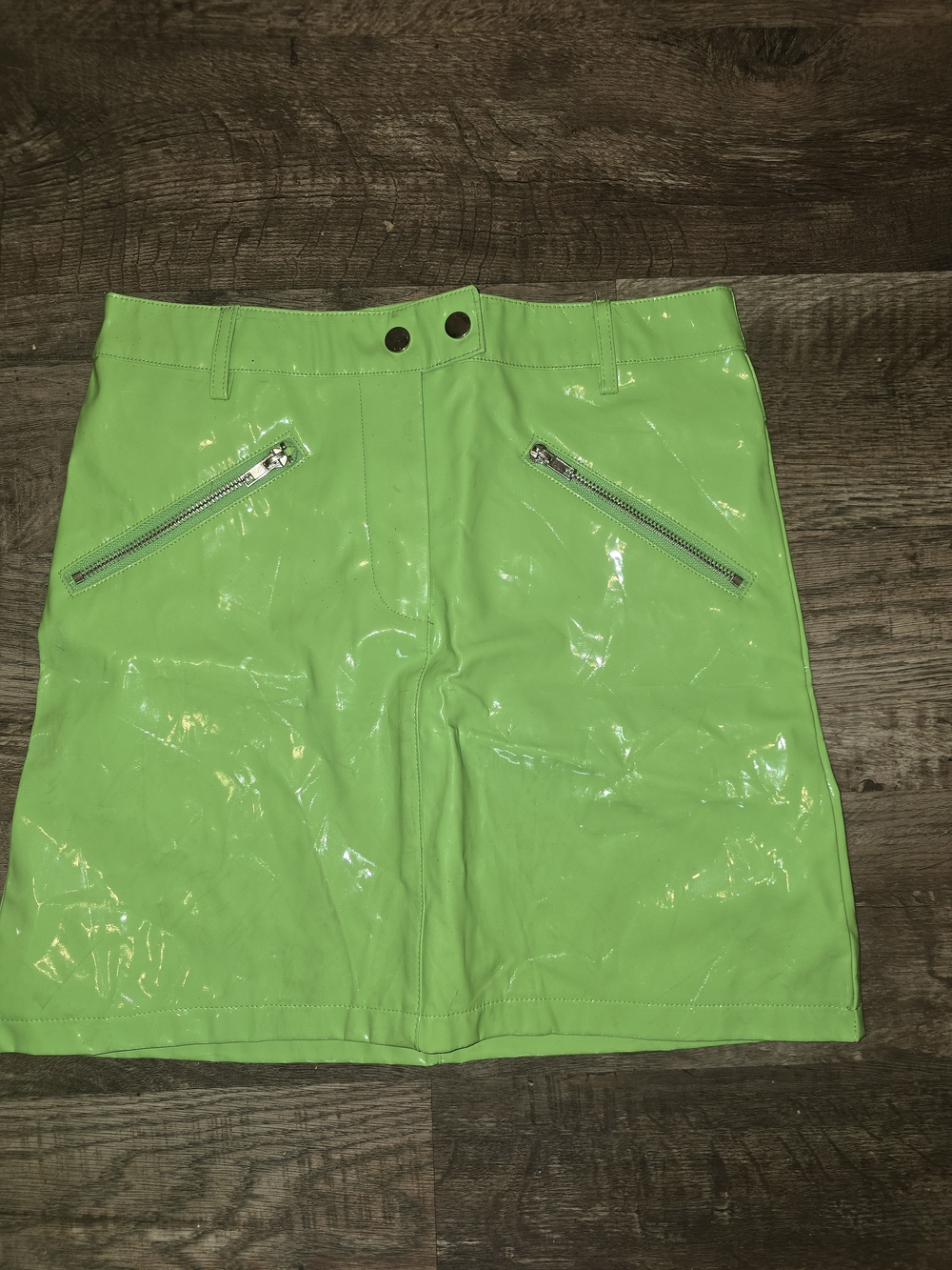 Neon Green Vinyl Mini Skirt with Zip Pockets